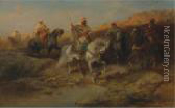 Arab Horsemen By An Oasis Oil Painting - Adolf Schreyer