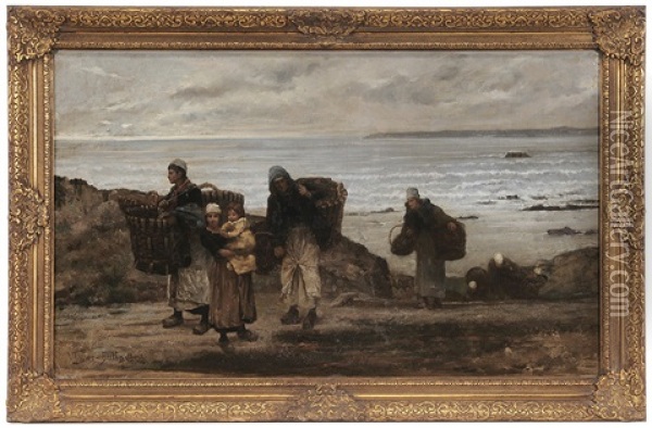 Fisher Folk Coming Up From The Beach Oil Painting - Ulysse Louis Auguste Butin
