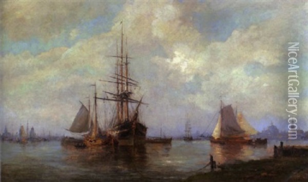 Abendstimmung Im Hafen Von Amsterdam Oil Painting - Jan Van Der Linde