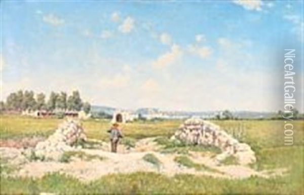 Landscape With A Shepherd Outside Naples Oil Painting - Holger Hvitfeldt Jerichau