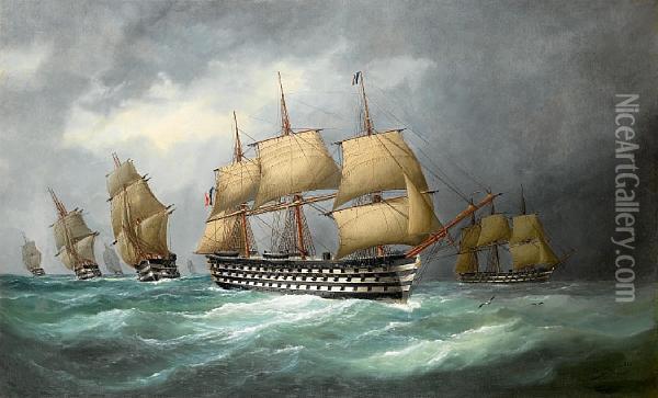 The First French Steam Battlefleet In Formation At Sea Oil Painting - Marie-Edouard Adam Of Le Havre