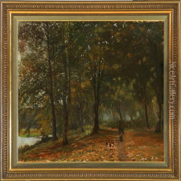 Hunter Walking Inherlufsholm Forest Oil Painting - Rudolf Bertelsen