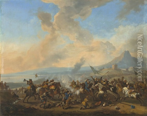 A Cavalry Battle Scene Oil Painting - Jan van Huchtenburg