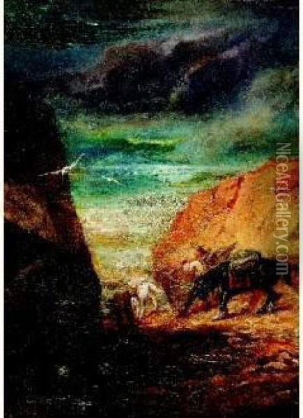 Cavalier Et Sa Monture Dans Une Gorge De Montagne En Bord De Mer, Circa 1873 Oil Painting - Gustave Dore