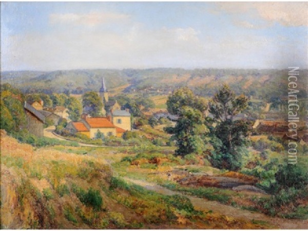 French Landscape, Summer, With A Village And Church Spire In The Foreground Oil Painting - Charles Jean Coussebiere
