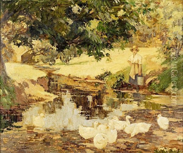 Girl With Ducks Oil Painting - William Hannah Clarke