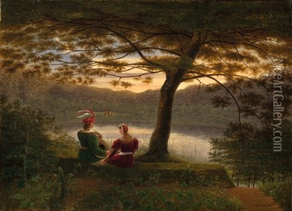 Paar In Romatischer Tracht An Einem See Oil Painting - Johann Wilhelm Bruecke