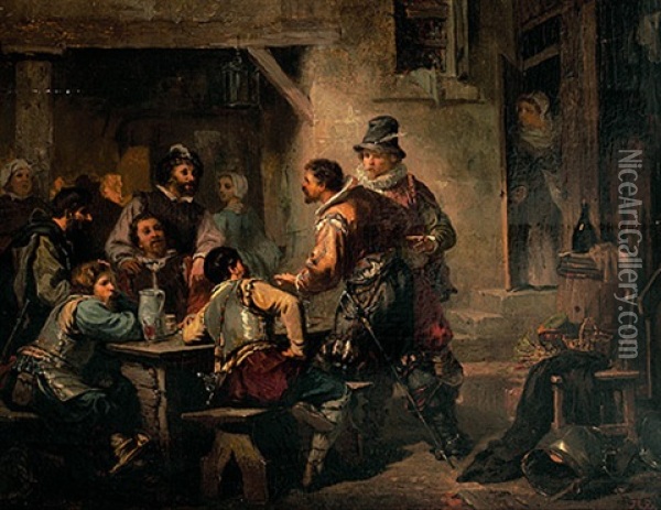 Blick In Eine Mittelalterliche Trinkstube Mit Musketieren Beim Gelage Oil Painting - Adolphe Bernard
