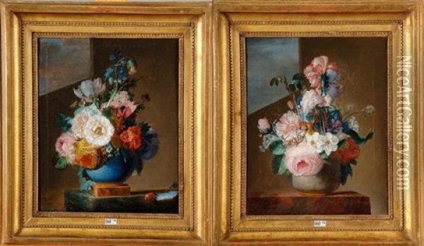 Vase De Fleurs Sur Un Entablement (+ Another; Pair) Oil Painting - Jean Louis Prevost