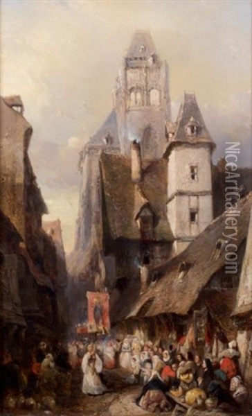 Procession A Rouen Oil Painting - Louis-Gabriel-Eugene Isabey