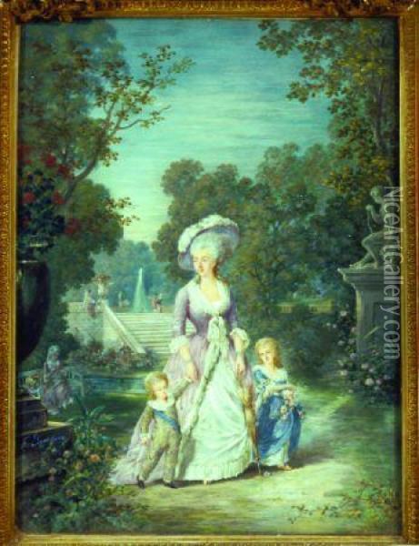 Portrait Of Marie Antoinette And Her Children In The Gardens Of Versailles Oil Painting - F. Beaudoin