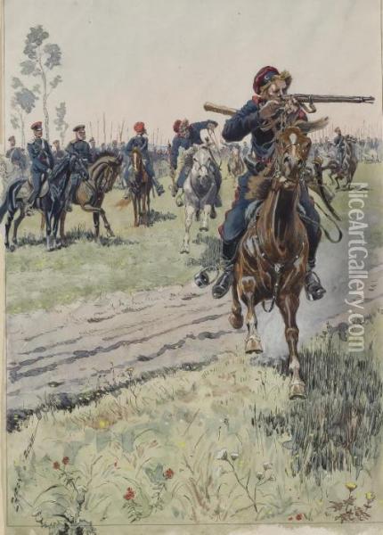 Un Cavalier Pret A Tirer, Des Officiers A Cheval A L'arriere-plan Oil Painting - Emmanuel Poire, Dit Caran D'Ache