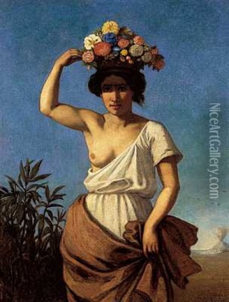 Allegori Pa Sommeren Med Italienerinde Baerende Blomster Oil Painting - August Jernberg