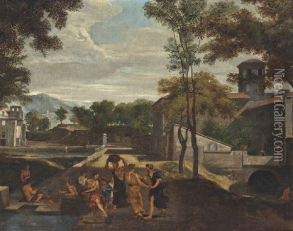 An Italianate Landscape With Classical Figures Conversing In The Foreground Oil Painting - Nicolas Poussin