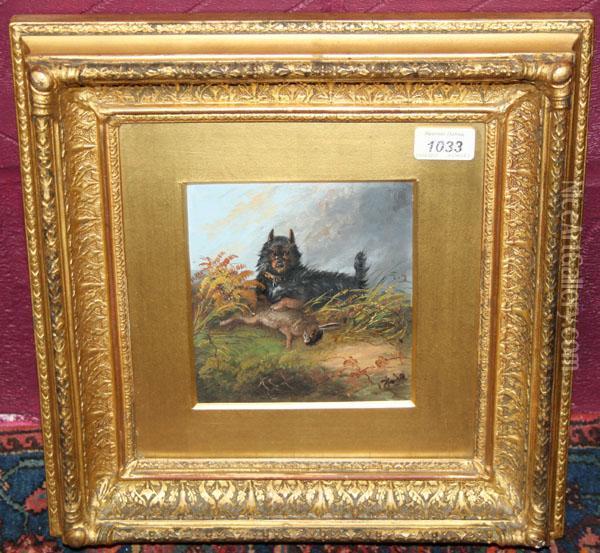 A Terrier Rabbiting Oil Painting - J. Langlois