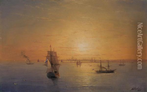 Russian Fleet At Sunset Oil Painting - Ivan Konstantinovich Aivazovsky