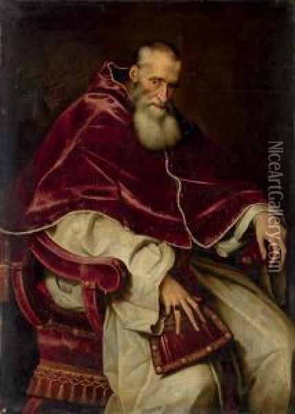 Portrait Of Alessandro Farnese 
(1468-1549), Pope Paul Iii (1534-1549), Seated Three-quarter-length, In A
 Papal Robes Oil Painting - Scipione Pulzone