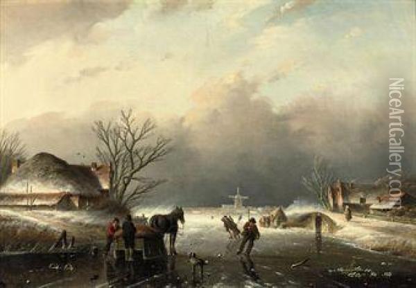 Figures On A Frozen River Oil Painting - Jan Jacob Coenraad Spohler