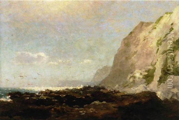 Rocky Shoreline With Distant Figures Oil Painting - Lucius Richard O'Brien