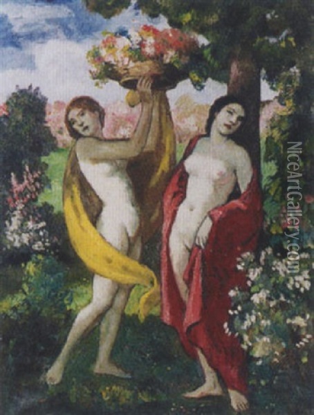 Zwei Grazien Mit Blumenkorb Oil Painting - Bela Ivanyi Gruenwald