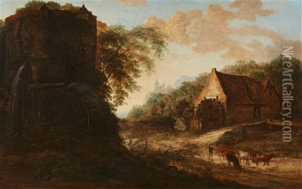 Landscape With A Water Mill And Tower Oil Painting - Gillis Neyts