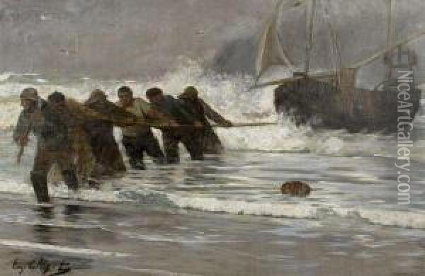 Le Halage Des Barques De Peche Oil Painting - Eugene Chigot