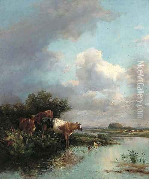 Cattle watering Oil Painting - Thomas Francis Wainewright