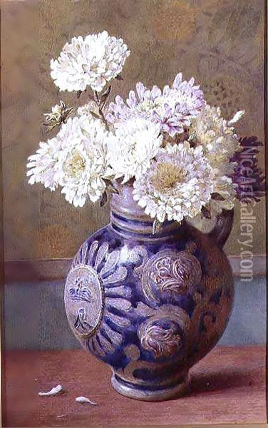 Chrysanthemums in a stoneware jug Oil Painting - Helen Cordelia Coleman Angell