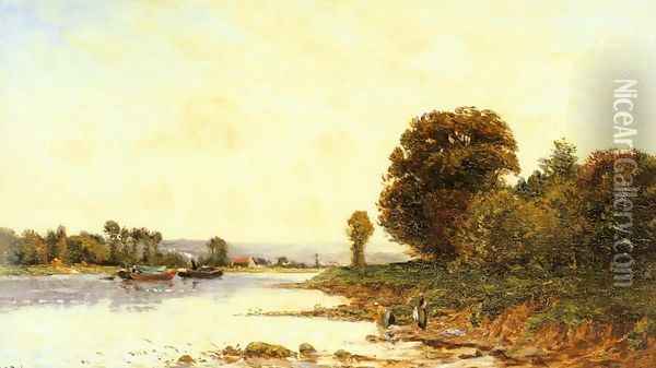 Washerwomen in a River Lanscape with Steamboats beyond Oil Painting - Hippolyte Camille Delpy
