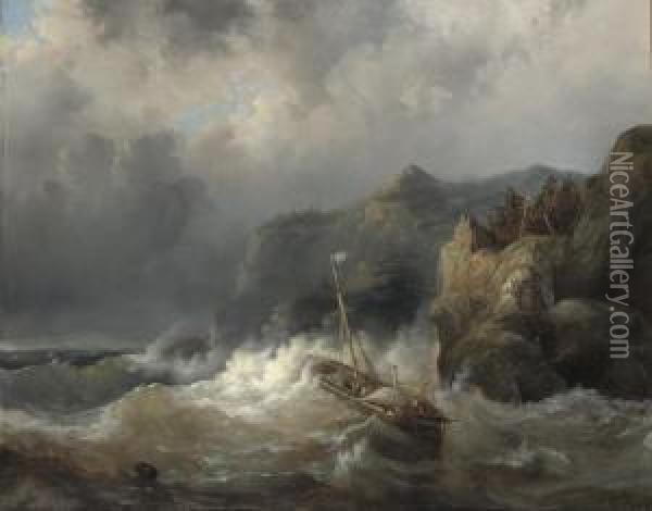 A Shipwreck Of A Rocky Coast Oil Painting - Egidius Linnig