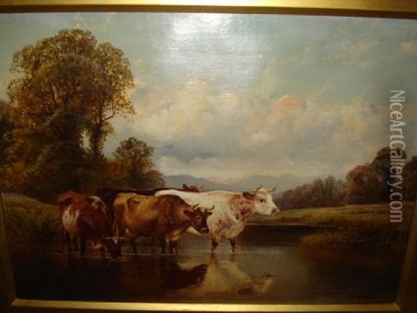 Cattle Watering, Duchess's Pond, Stapleton Near Bristol Oil Painting - William Vivian Tippet