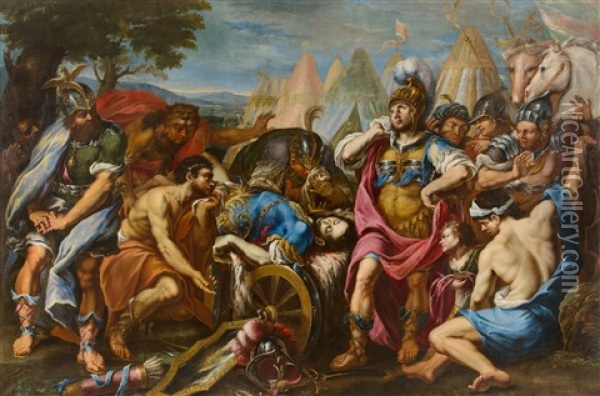 Alexander The Great Mourns The Death Of Darius Iii. (330 Bc, At Hekatompylos) Oil Painting - Francesco Rosa