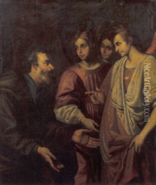 Abramo E I Tre Angeli Oil Painting - Domenico Fiasella