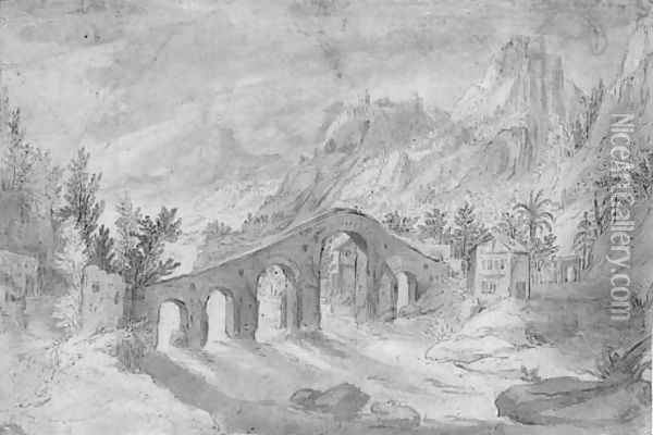 A mountainous landscape with a bridge Oil Painting - Josse de Momper