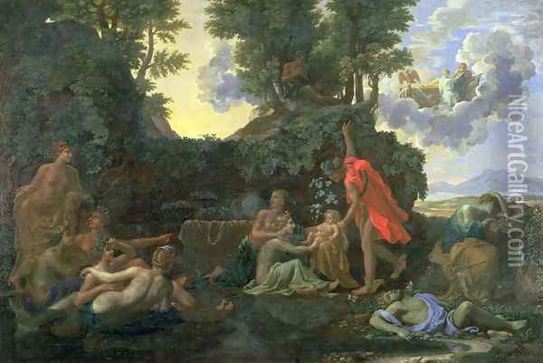 The Infant Bacchus Entrusted to the Nymphs of Nysa; The Death of Echo and Narcissus, 1657 Oil Painting - Nicolas Poussin