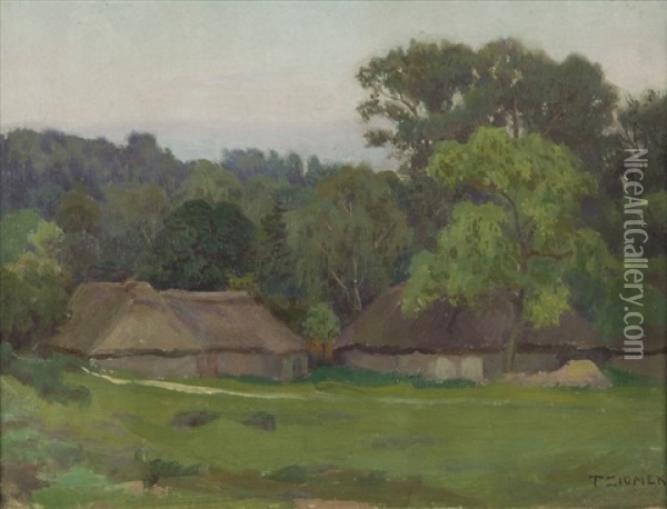 Landscape With Cottages Oil Painting - Teodor Ziomek