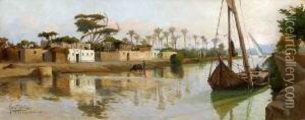 Dorf Am Nil. Oil Painting - Tony Binder