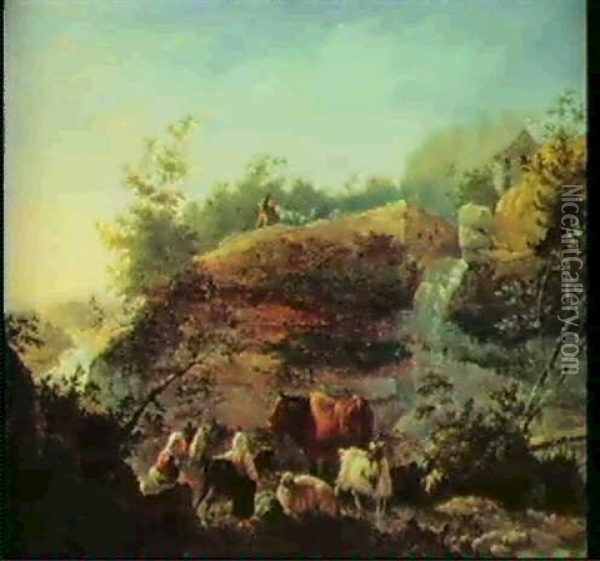 A Rocky Landscape With Goat- Herds And Their Animals Oil Painting - Jean-Francois Legillon