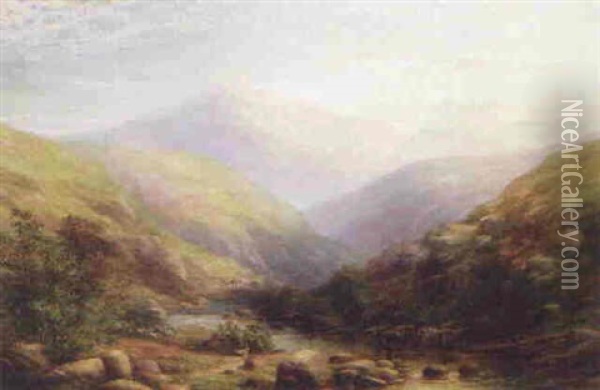 Cattle Watering In A Mountainous Landscape Oil Painting - James Barret