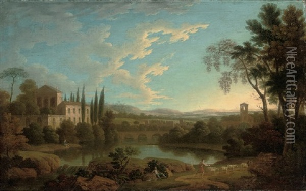 An Italianate River Landscape With A Shepherd In The Foreground, A Villa Beyond Oil Painting - Jacob More