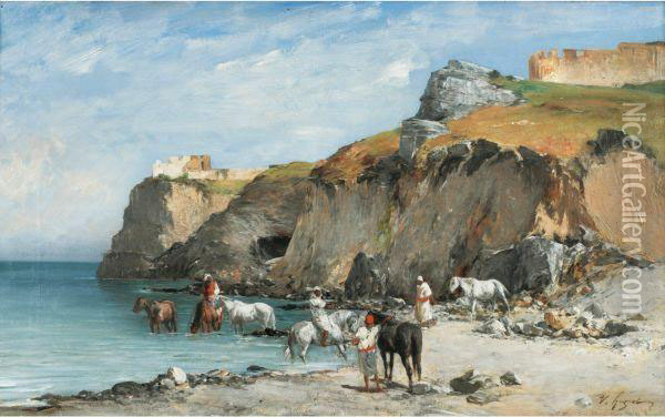 Halte De Cavaliers Au Bord De La Mer Oil Painting - Victor Pierre Huguet