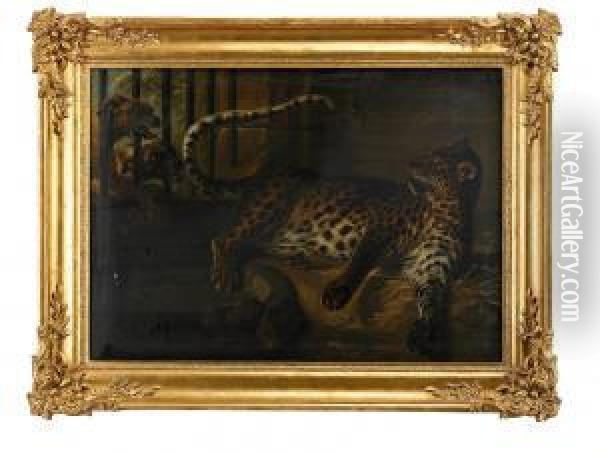 Leopard I Bur Anfallen Av Tva Doggar Oil Painting - Anders Reinhold Richman
