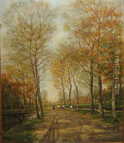 Boerin Met Koeien Op Een Landweg Oil Painting - Alfons De Clerccq