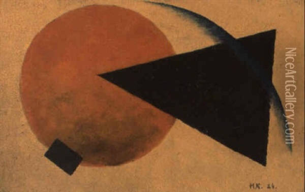 Composition With Orange Circle, Black Triangle And Blue Crescent Oil Painting - Ivan Vasilievich Klyun