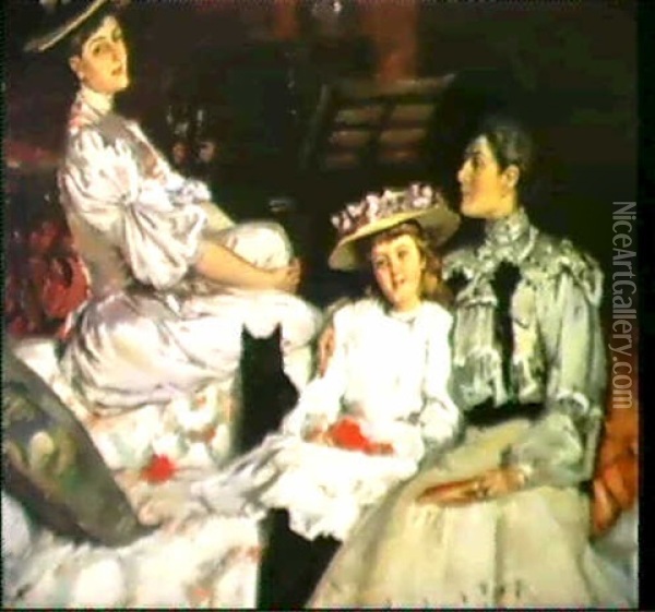 Mrs. Herbert Jones And Her Daughters,                       Hilda And Dulce Oil Painting - Rupert Bunny