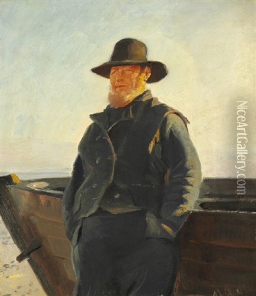 Fisherman Ole Svendsen From Skagen Standing In The Sun And Leaning Up Against A Boat Oil Painting - Michael Peter Ancher