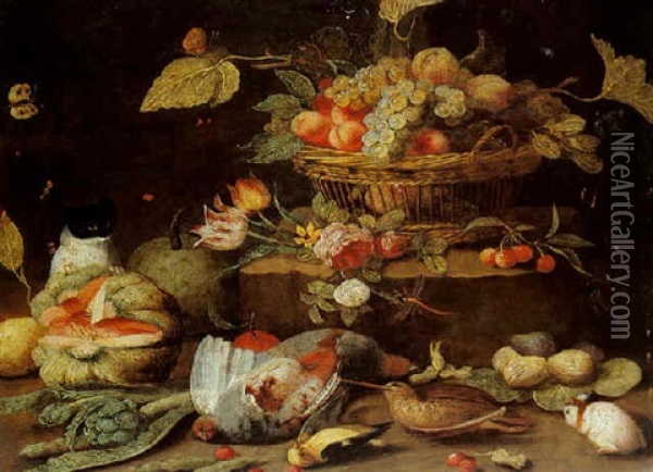 Still Life Of Fruit In A Basket On A Stone Ledge With A Melon, Figs, A Cat, A Hamster, Dead Game And Flowers Oil Painting - Jan van Kessel the Elder