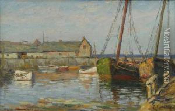 Boats At Dock, Rockport, Mass Oil Painting - Arthur E. Ward