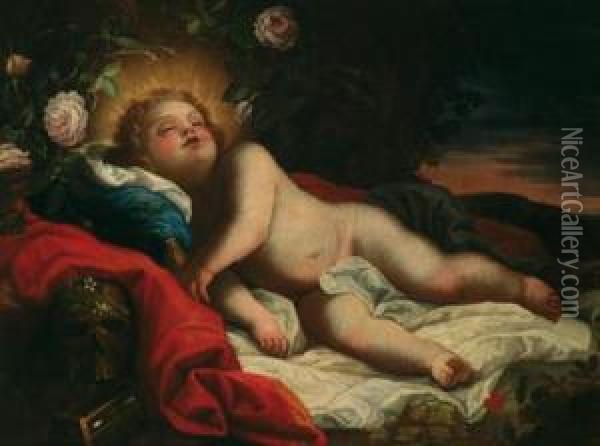 Gesu Bambino Dormiente Con 
Aureola E Corona Di Rose In Un Paesaggio A Distesa; Olio Su Tela Oil Painting - Stefano Magnasco