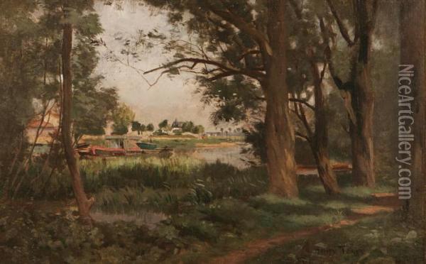 Paesaggio Fluviale Con Alberi E Barcone Oil Painting - Charles Henry Tenre
